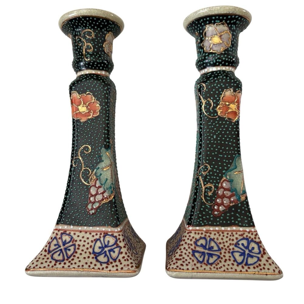 VTG Pr Royal Satsuma Japan Hand Painted Porcelain Candlesticks 8.5” Moriage Gold